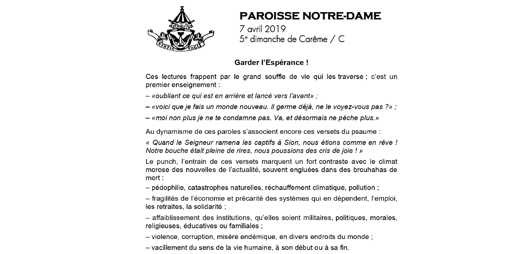 5e dimanche de Carême – 7 avril 2019