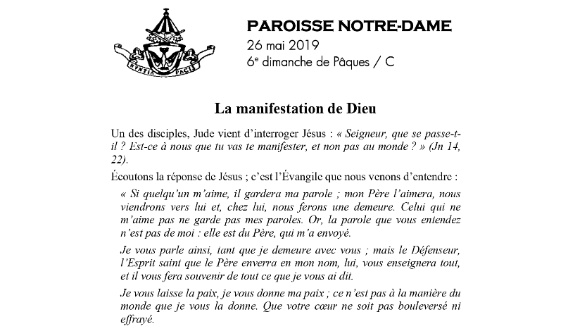 6e dimanche de Pâques – 26 mai 2019