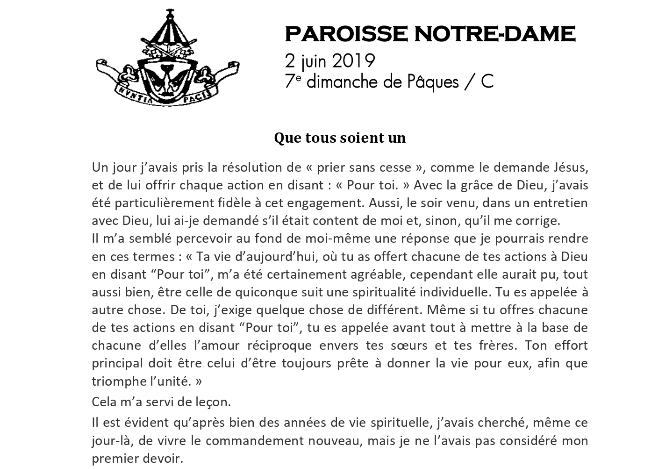 7e dimanche de Pâques – 2 juin 2019